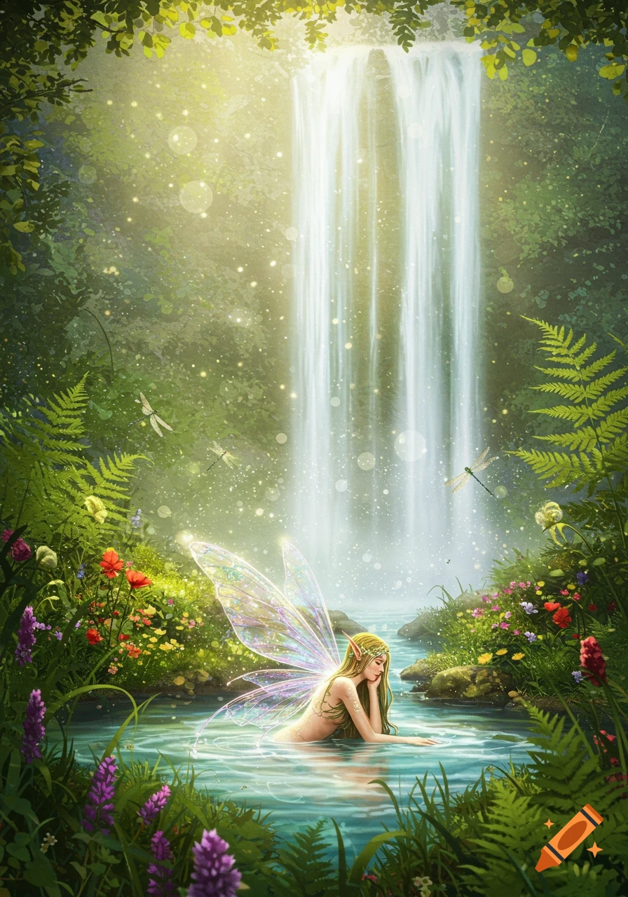 A beautiful winged fairy with long hair and elven ears bathes in a sparkling stream at the base of a glowing waterfall in a lush, flower-filled forest.