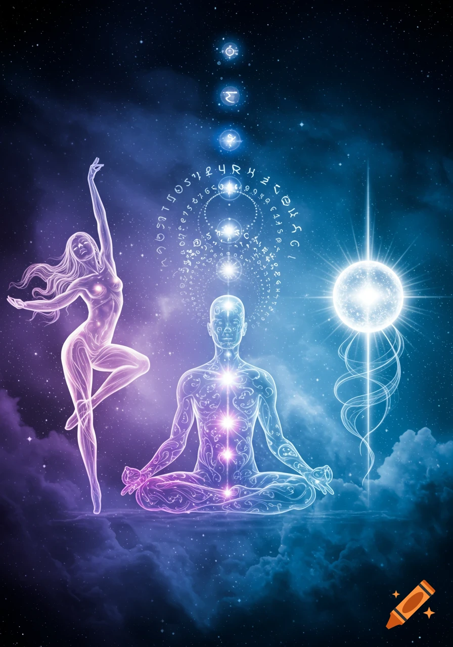 Ethereal figures, one meditating and one dancing, glow in a cosmic, star-filled nebula with mystical symbols.