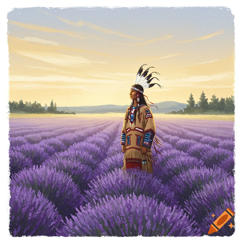 Digital watercolor painting of a First Nations person in traditional clothing standing in a lavender field at sunset.