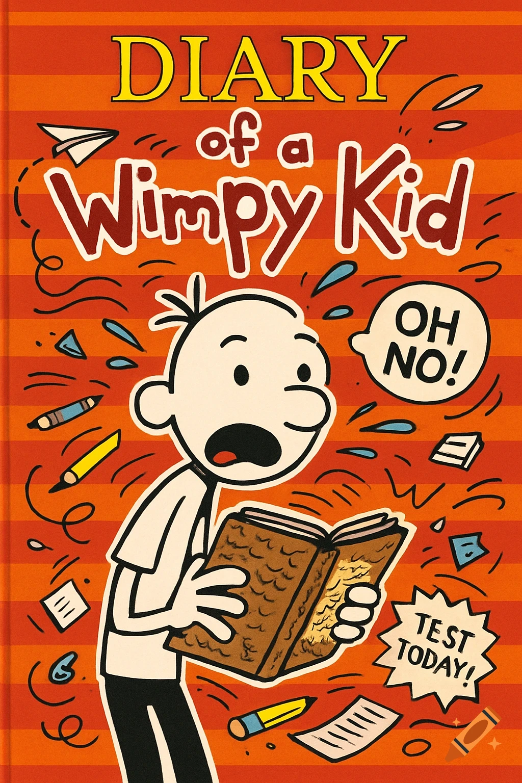 Cartoon book cover for Diary of a Wimpy Kid, showing a surprised boy holding a book, with text 'Oh No!' and 'Test Today!'.