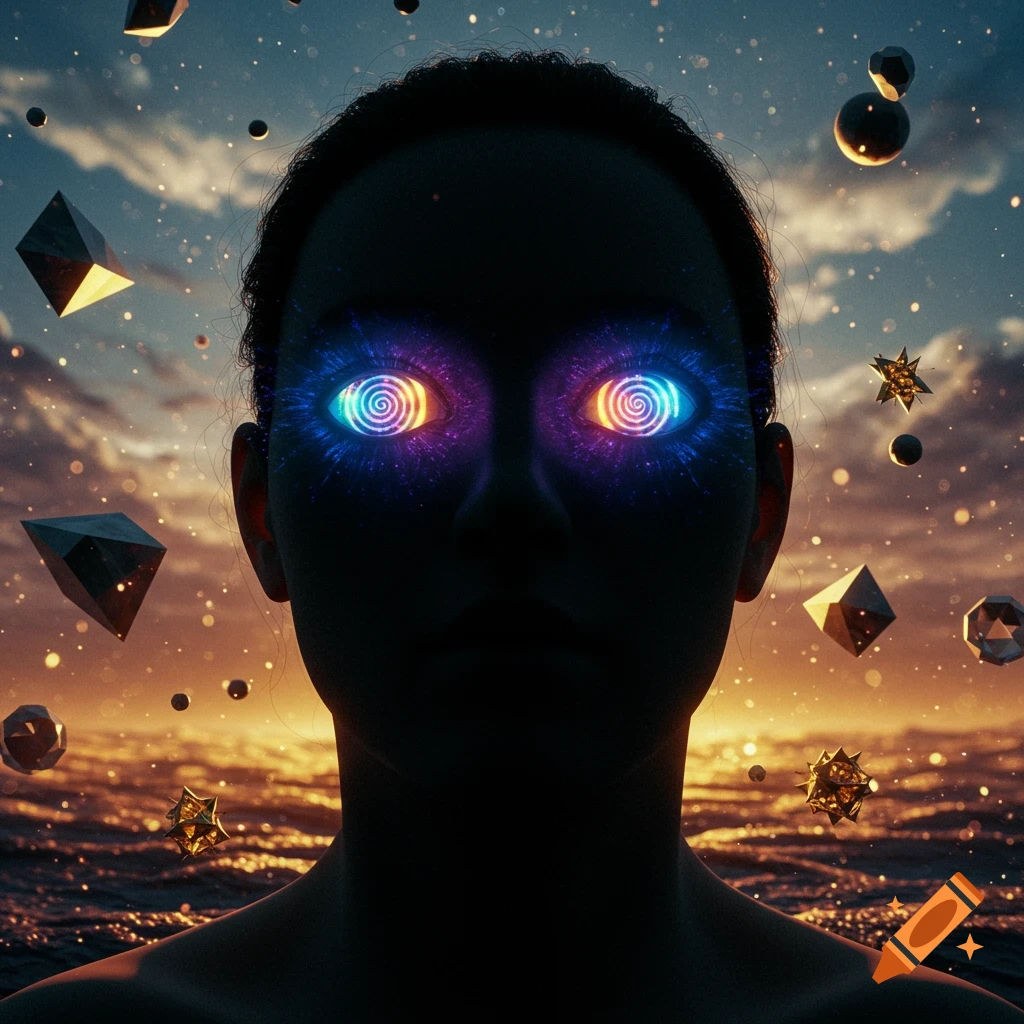 A dark silhouette of a person's head with glowing, spiraling blue and orange eyes against a sunset sky with geometric shapes and water.