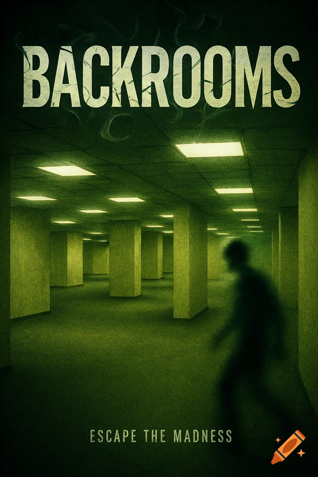 Movie poster for Backrooms showing a dark, green-tinted liminal space with many pillars, fluorescent lights, and a blurred human silhouette.