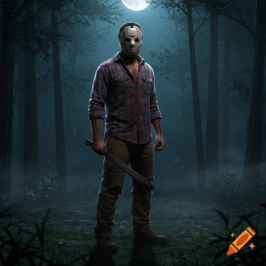 A man in a white hockey mask, plaid shirt, and ripped pants stands in a dark, misty forest under a full moon, holding a bloody machete.