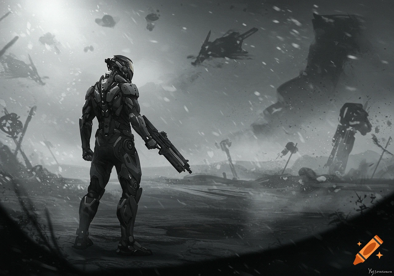 Grayscale concept art of a futuristic soldier in power armor holding a rifle, standing in a snowy, war-torn landscape with destroyed structures.