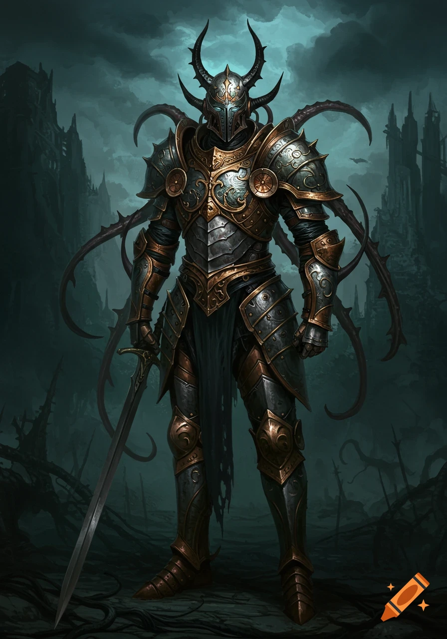 A dark fantasy knight in elaborate gold and silver horned armor, holding a sword, stands against a gloomy gothic cityscape.