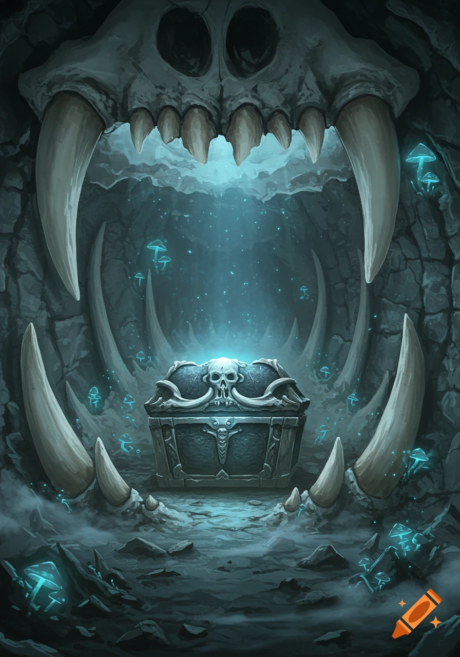 A stylized bone casket glowing with blue light rests in a dark cave formed by the massive skull and teeth of a creature, surrounded by bioluminescent mushrooms. Dark fantasy art.