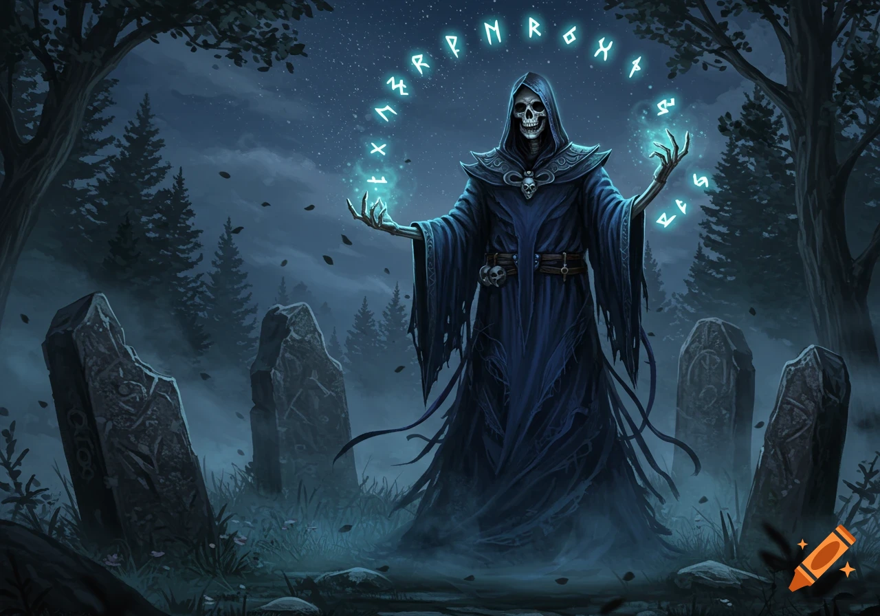 A dark fantasy illustration of a skeleton wizard in a hooded robe, casting spells with glowing runes floating around its head, in a misty graveyard forest at night.