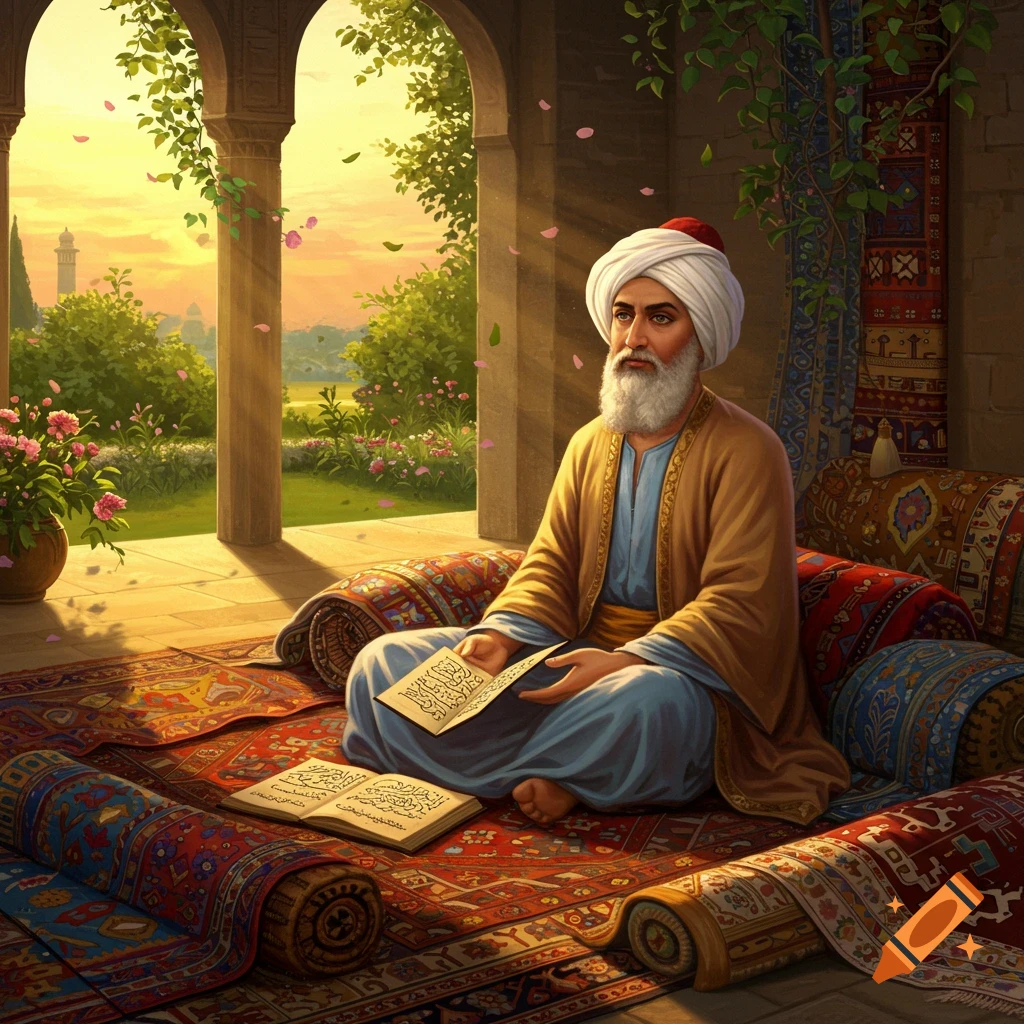 An old man with a white beard and turban sits cross-legged on ornate rugs, reading a book in a sunlit arched courtyard with a garden view at sunset.