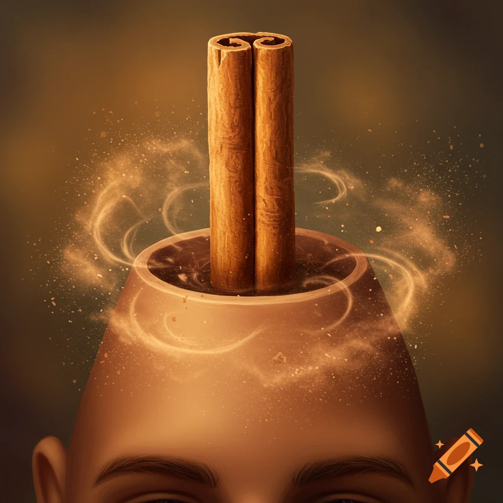 A surreal image of a human forehead with a large cinnamon stick emerging from the top of the head, surrounded by swirling spice powder.