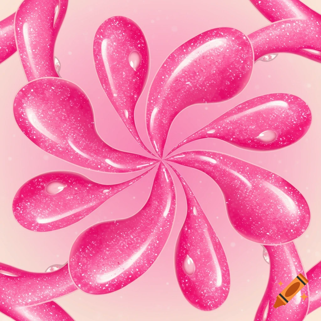 Abstract pattern of glossy, glittery hot pink teardrop shapes radiating on a light pink background.