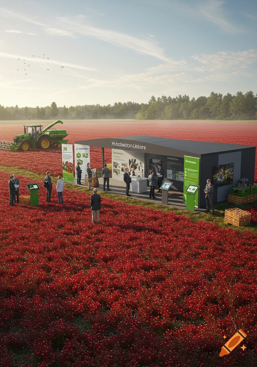 An outdoor event in a vast field of red cranberries, featuring a modern exhibit booth with people gathered, and a green tractor in the background under a blue sky.