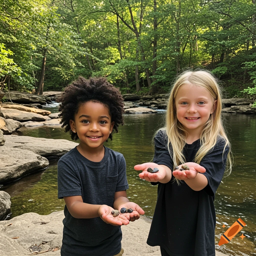 Two smiling children, a boy with an afro and a girl with blonde hair, hold rocks in their hands while standing by a creek in a forest.