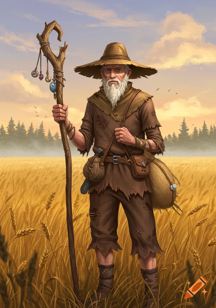 An old, bearded man in a straw hat and ragged clothes holds a gnarled staff while standing in a golden wheat field.