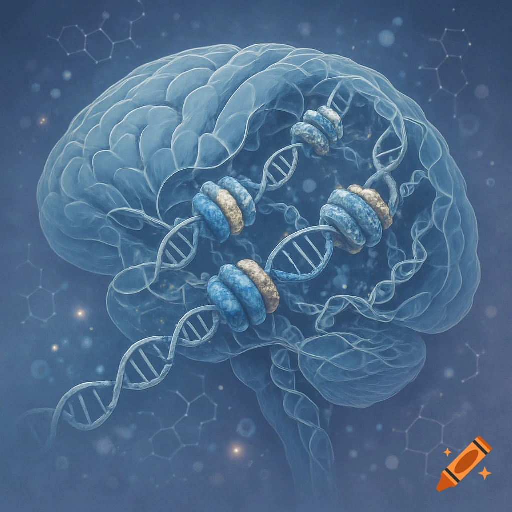 Translucent blue brain intertwined with DNA double helices wrapped around histone proteins, with chemical structures in the background.