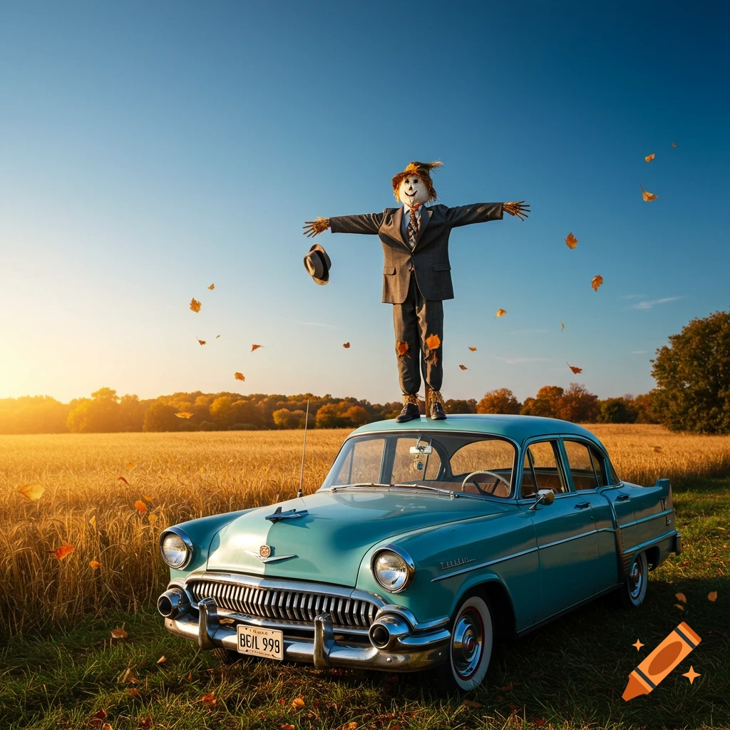 A scarecrow in a suit and hat stands on top of a vintage teal car in an autumn field at sunset, with falling leaves.