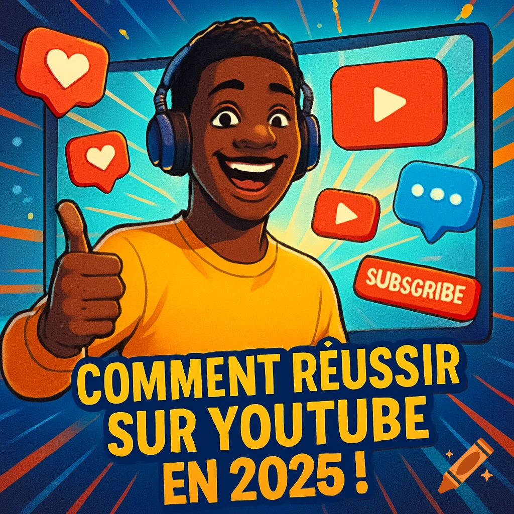 A smiling young Black man with headphones gives a thumbs-up, surrounded by floating social media icons like hearts and play buttons. Large text reads 'COMMENT RÉUSSIR SUR YOUTUBE EN 2025 !'. Cartoon style.