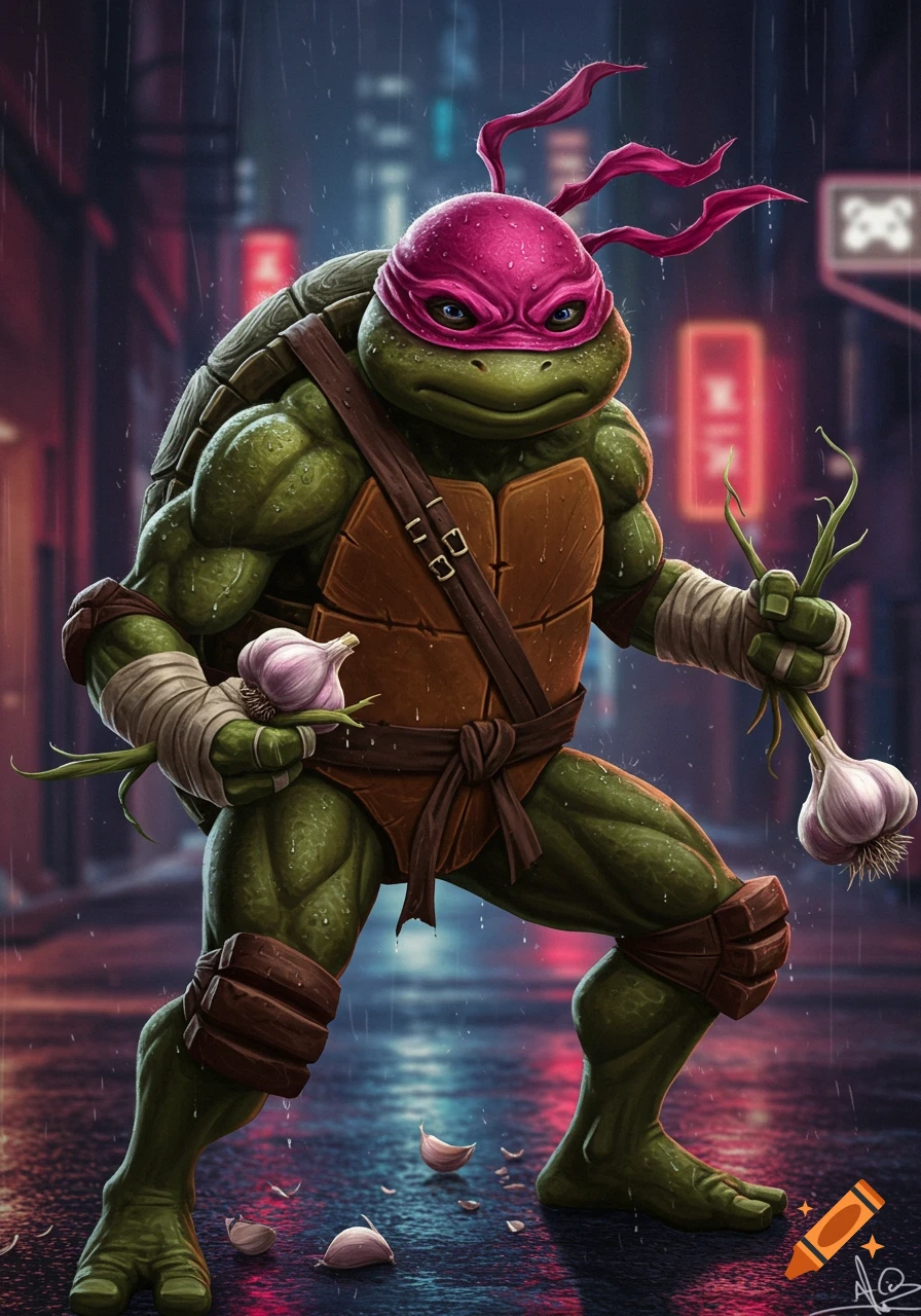 A muscled green turtle-like ninja in a pink mask and brown shell stands in a rainy, neon-lit city street, holding garlic cloves. Realistic digital art.
