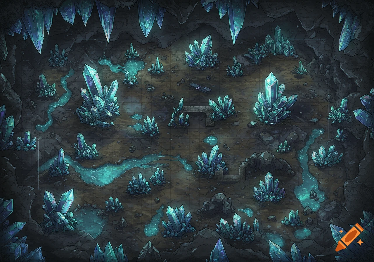 Top-down view of a fantasy crystal cave battle map with glowing blue crystals and streams of water.
