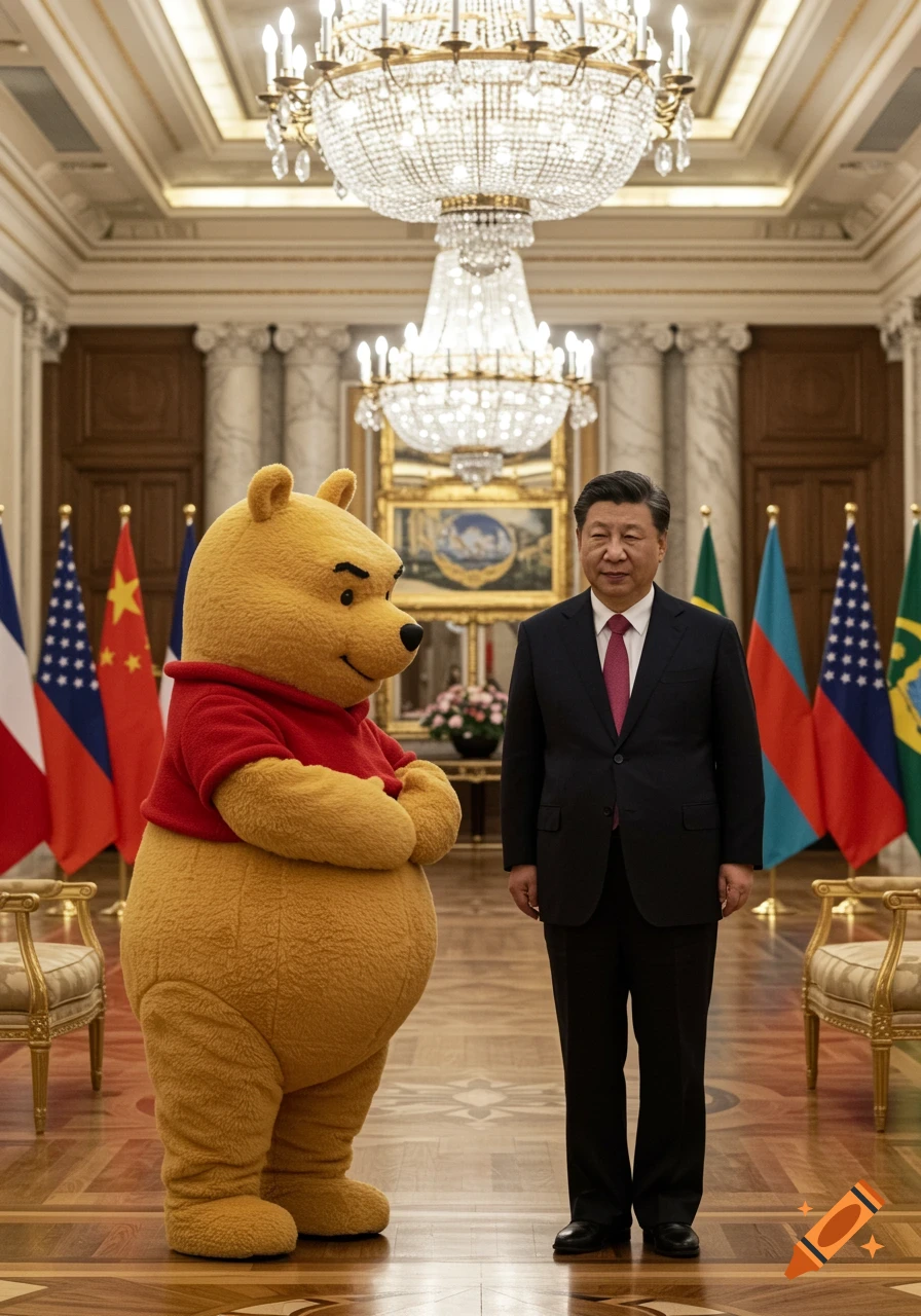 Chinese President Xi Jinping stands next to a person in a Winnie the Pooh costume in a formal, flag-lined room.