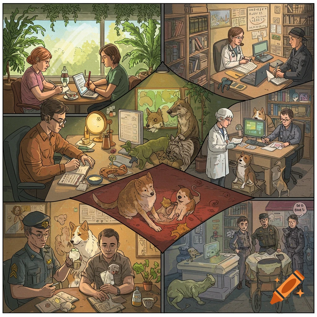 An illustrative multi-panel image showing people in various professional settings, like a vet clinic and office, interacting with different animals including dogs, cats, and amphibians.
