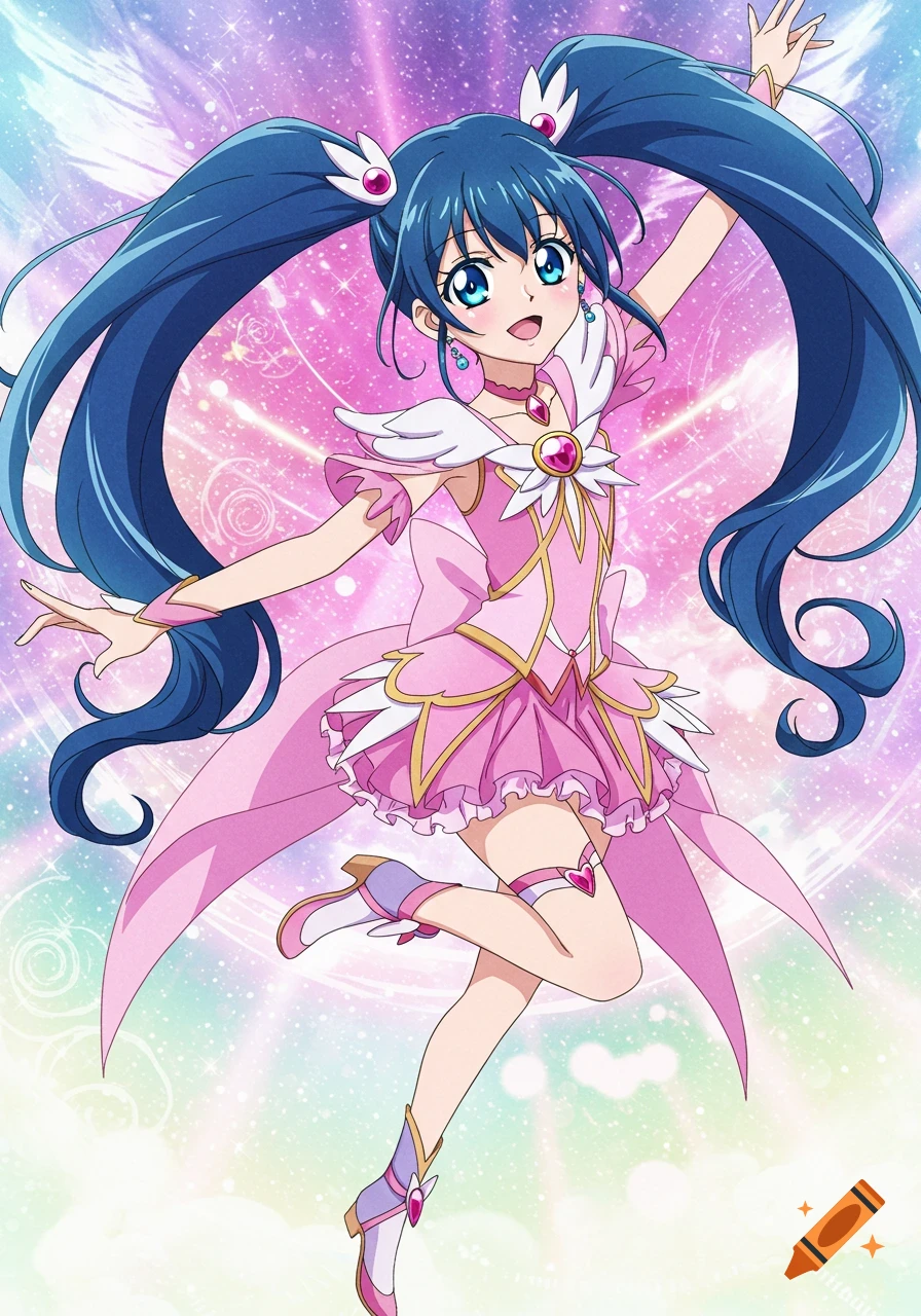 An anime girl with long blue pigtails, large blue eyes, and a pink magical girl outfit poses vibrantly against a sparkling background.