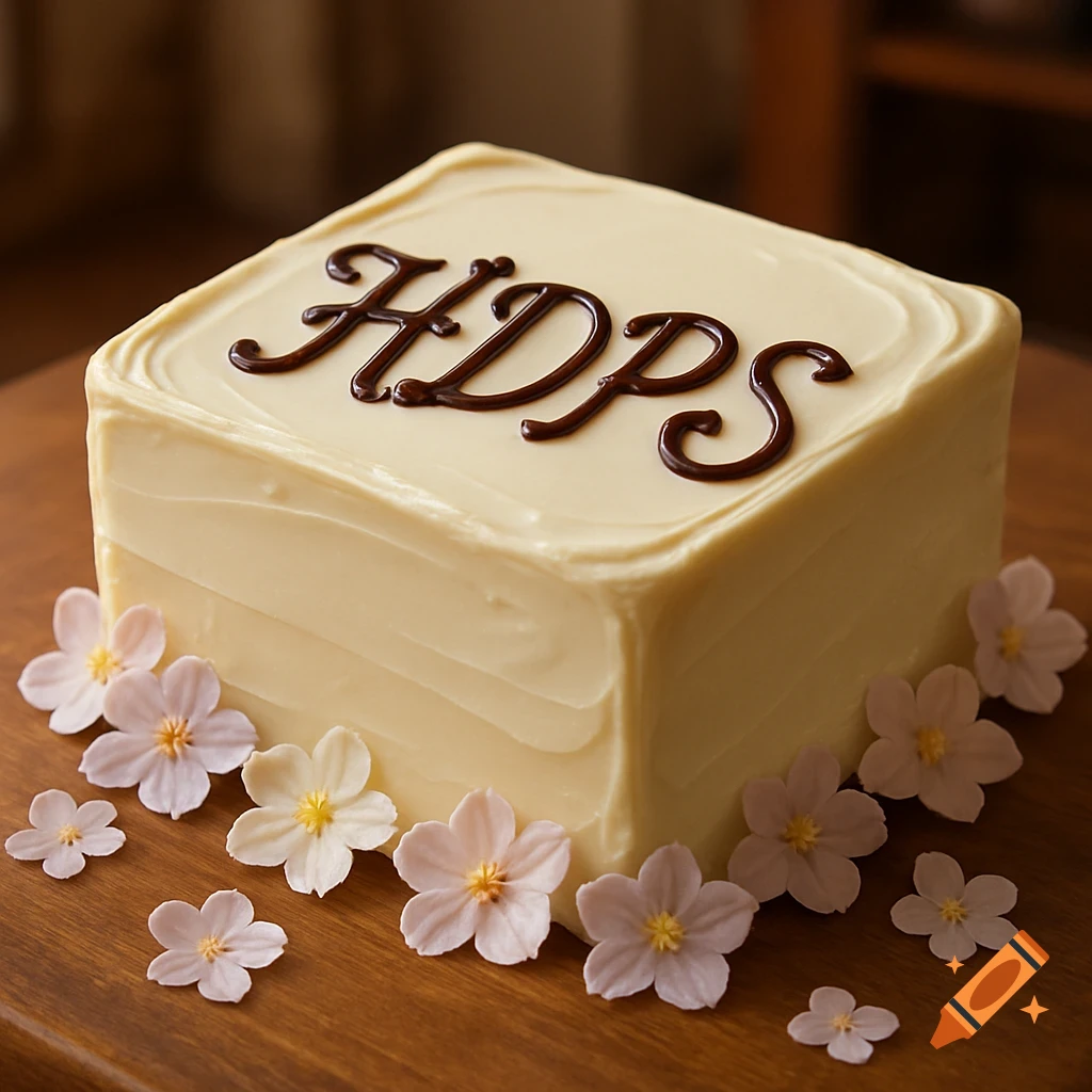 A realistic square cake with white frosting, chocolate 'HDPS' text on top, surrounded by delicate pink and white flowers.