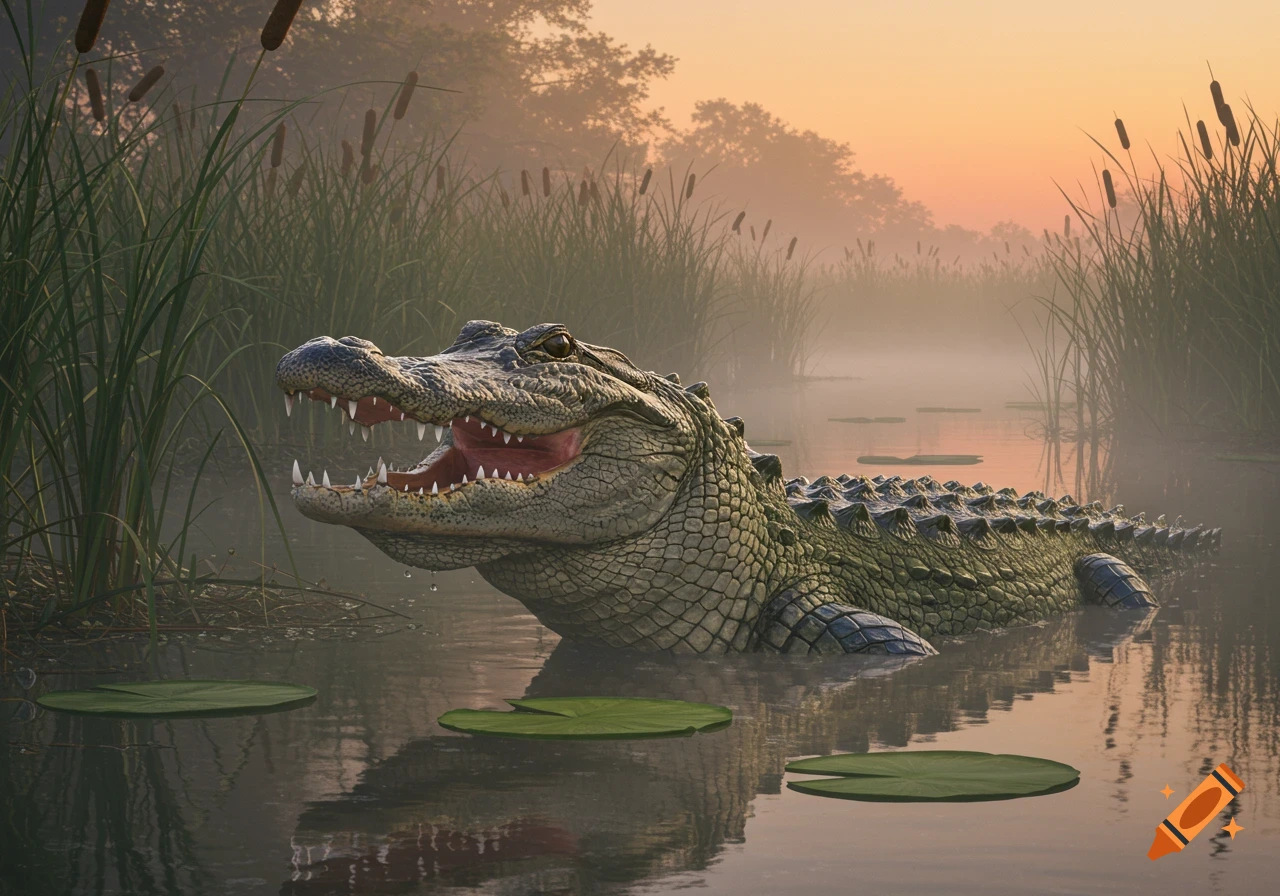 Photorealistic image of an alligator with its mouth open, half-submerged in a misty swamp at sunset, surrounded by tall reeds and lily pads.