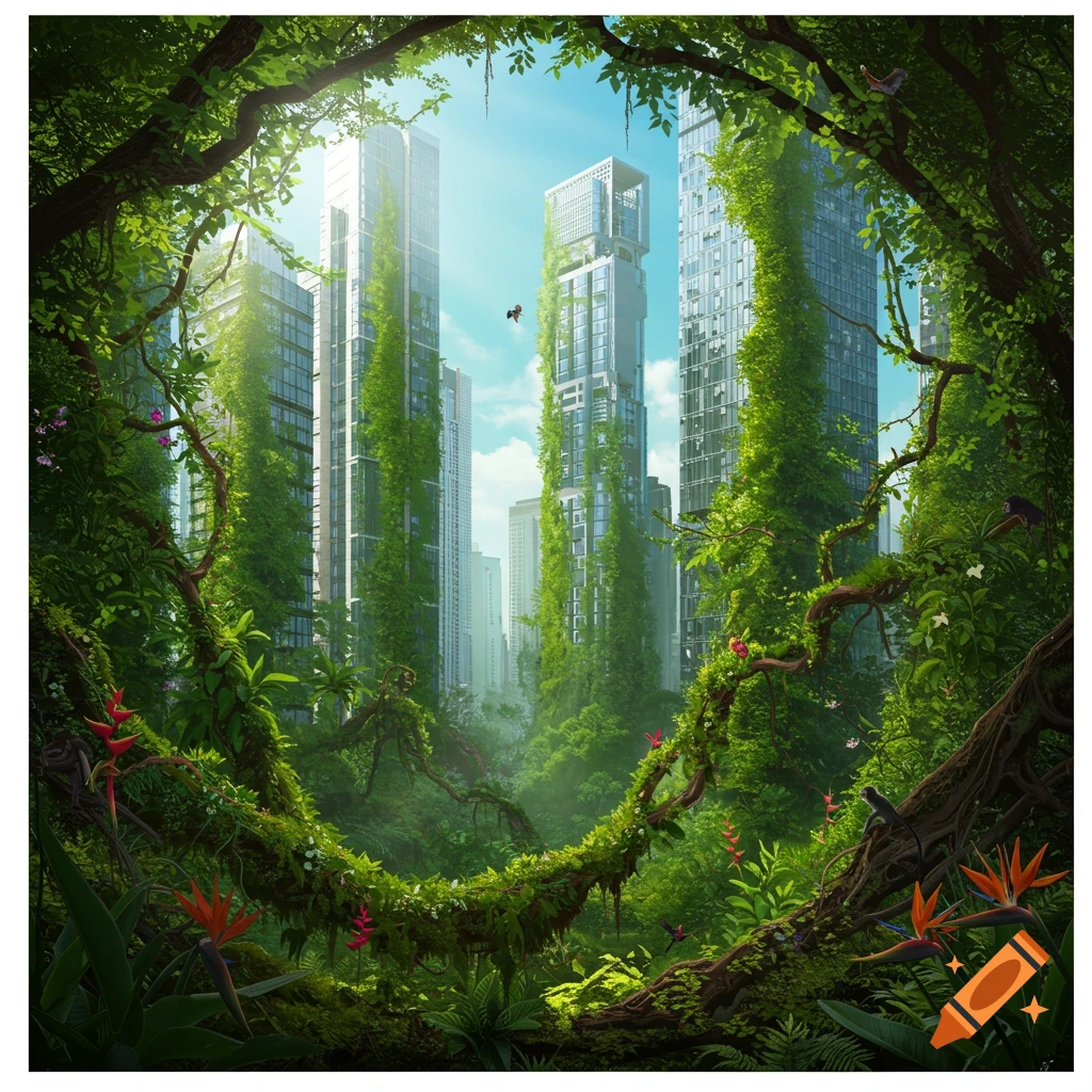 Lush jungle foliage frames modern skyscrapers covered in vines, creating an overgrown urban landscape under a bright blue sky.