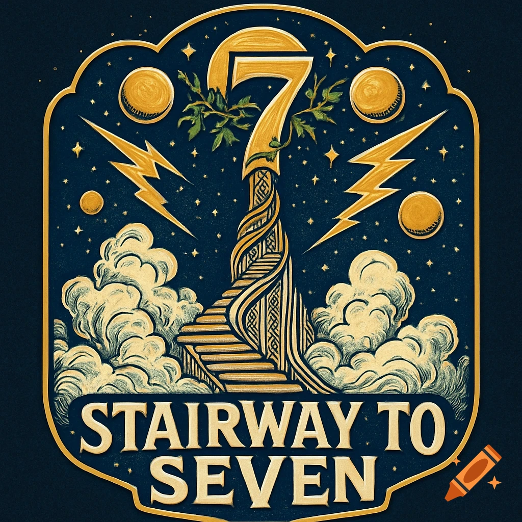 A fantasy logo with a golden number 7 as a tall structure, a winding stairway, clouds, lightning, and stars, with 'STAIRWAY TO SEVEN' text.