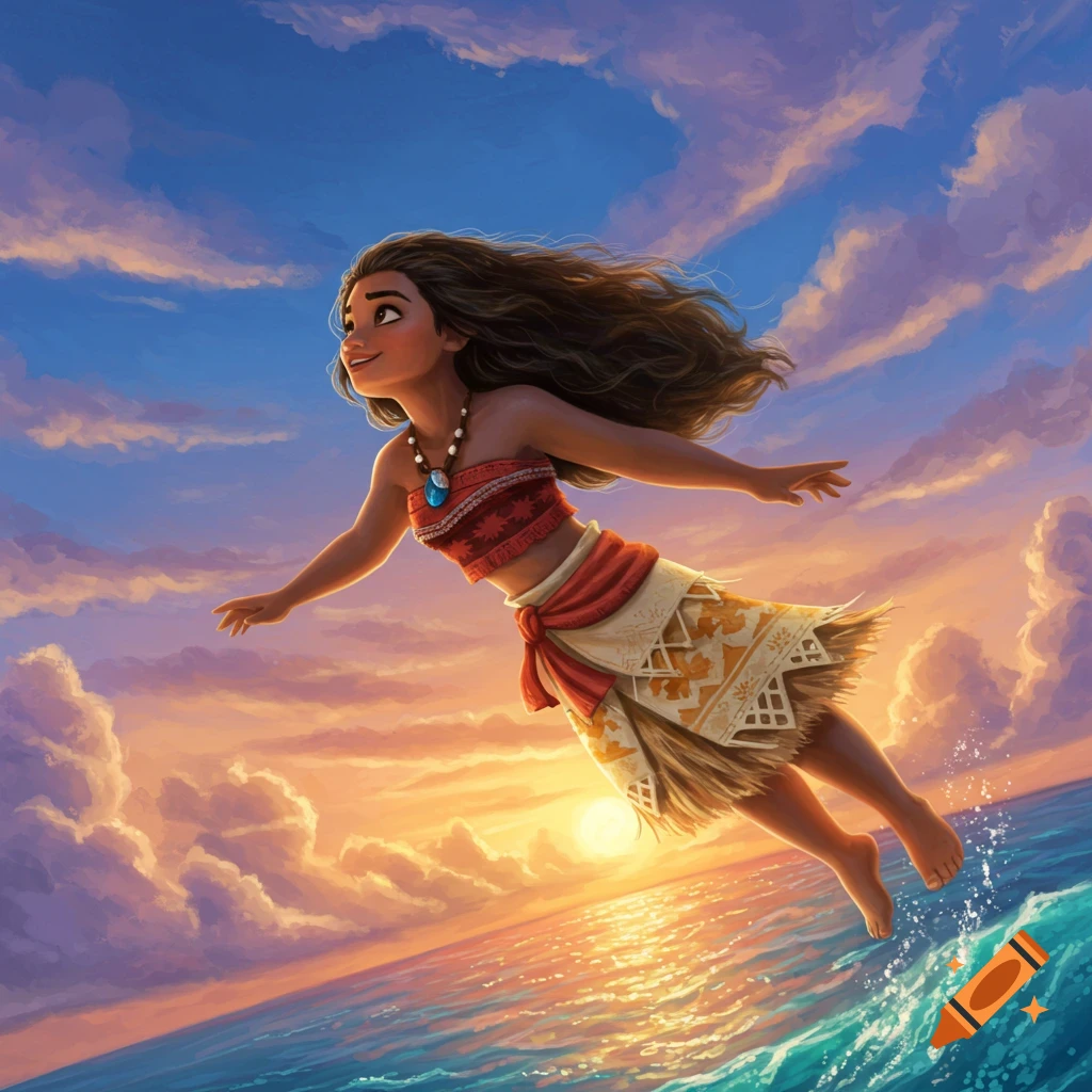 Animated Moana flies over a sparkling ocean at sunset, with vibrant orange and blue skies.