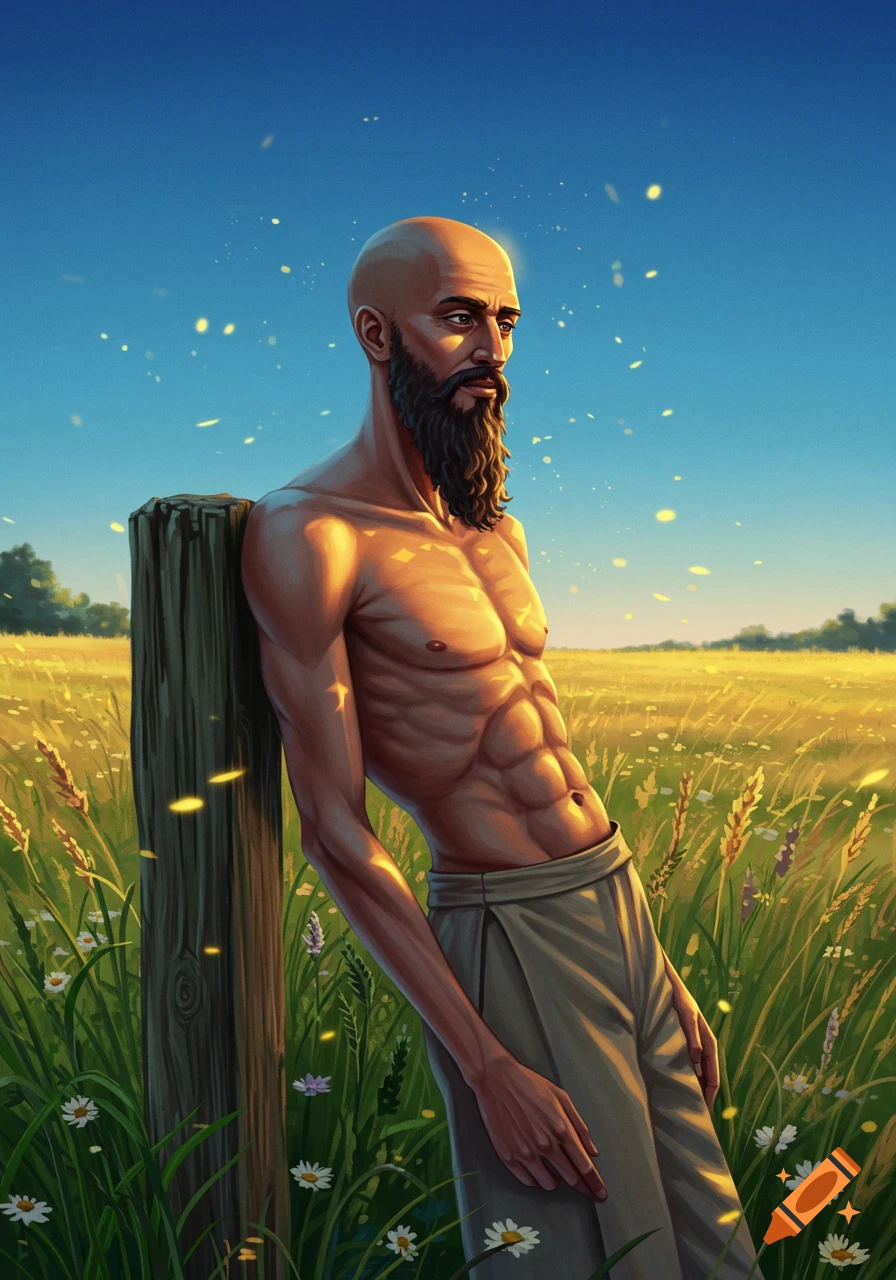 Digital art of a lean, bald, bearded man, shirtless, leaning on a post in a sunny golden field.