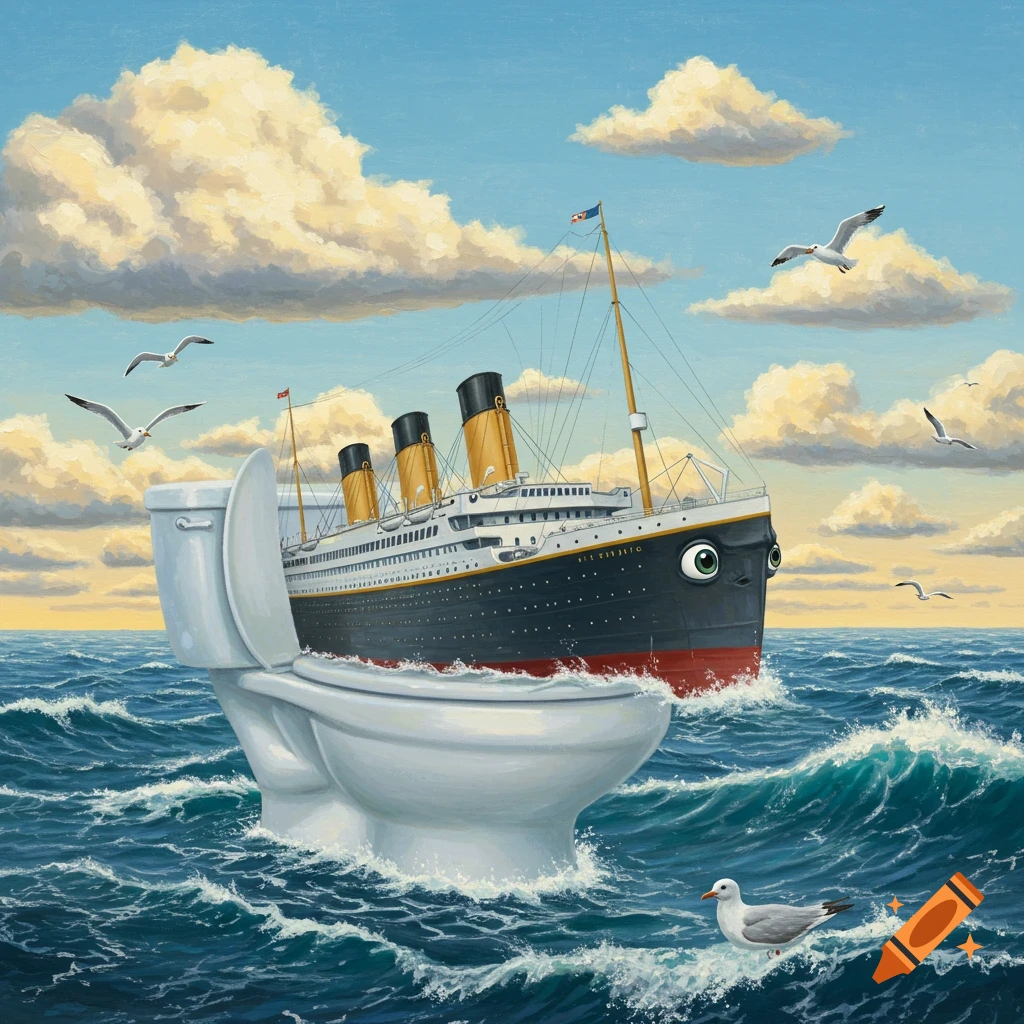 A cartoon Titanic with googly eyes sails in the ocean, emerging from a white toilet, with seagulls flying under a cloudy sky.