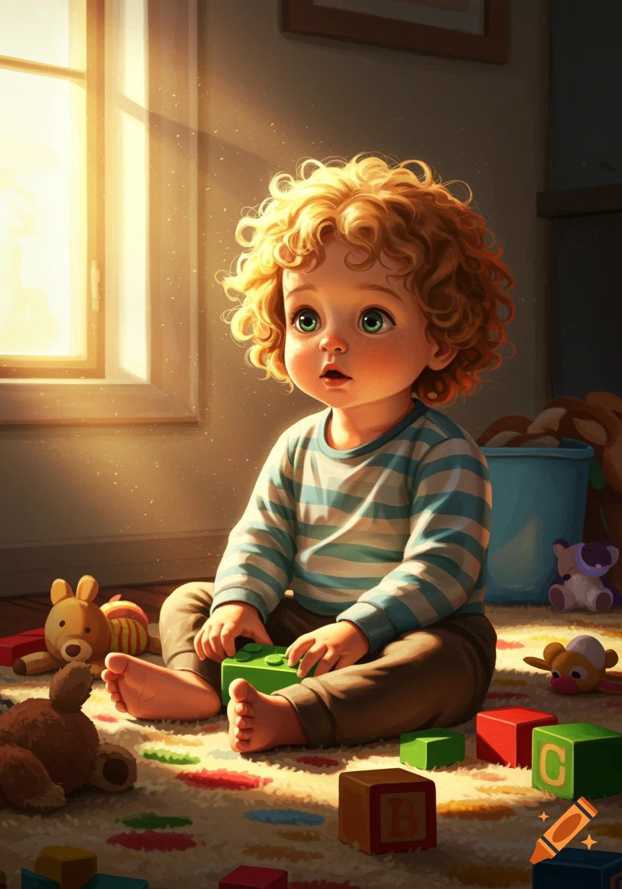 A cute toddler with curly blond hair sits on a patterned rug, playing with colorful building blocks and toys, bathed in warm sunlight from a window.