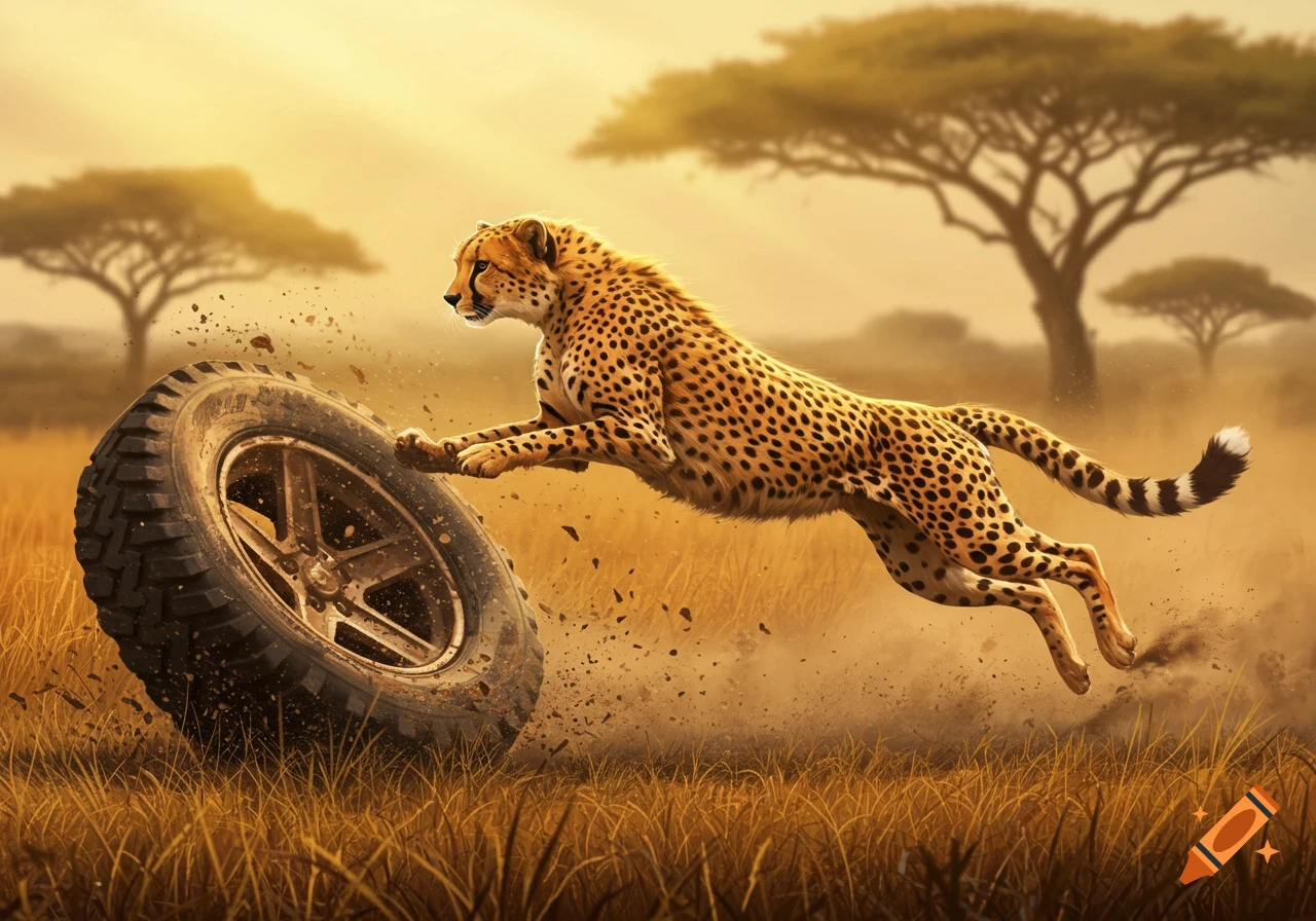 A photorealistic cheetah leaps over a rolling tire, kicking up dust in a golden savanna at sunset.