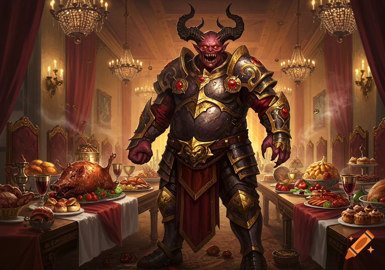 A red-skinned demon lord with horns and fangs, wearing ornate armor, stands in a grand dining hall filled with tables laden with a massive feast.