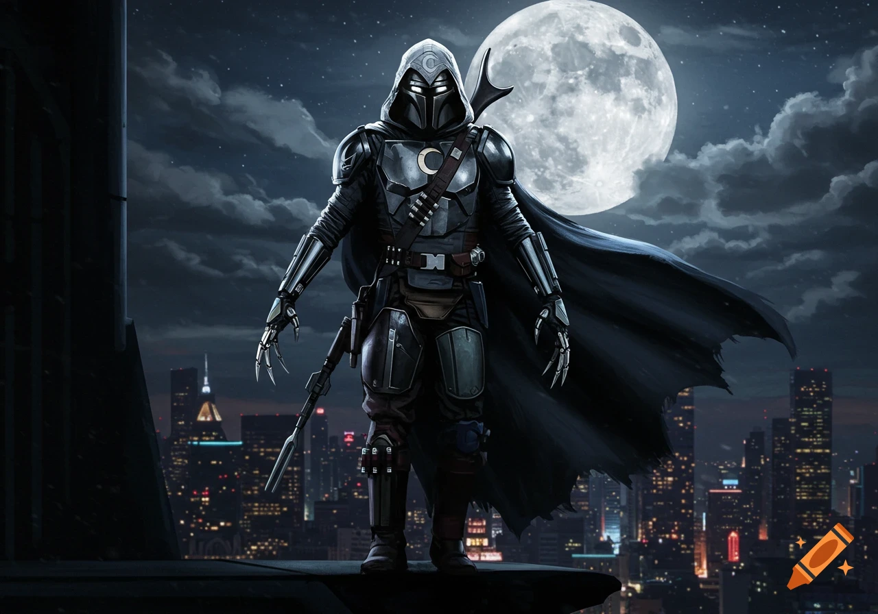 A silver-armored hero with a black hood, cape, and clawed robot arms stands on a city rooftop at night under a full moon. Digital art.
