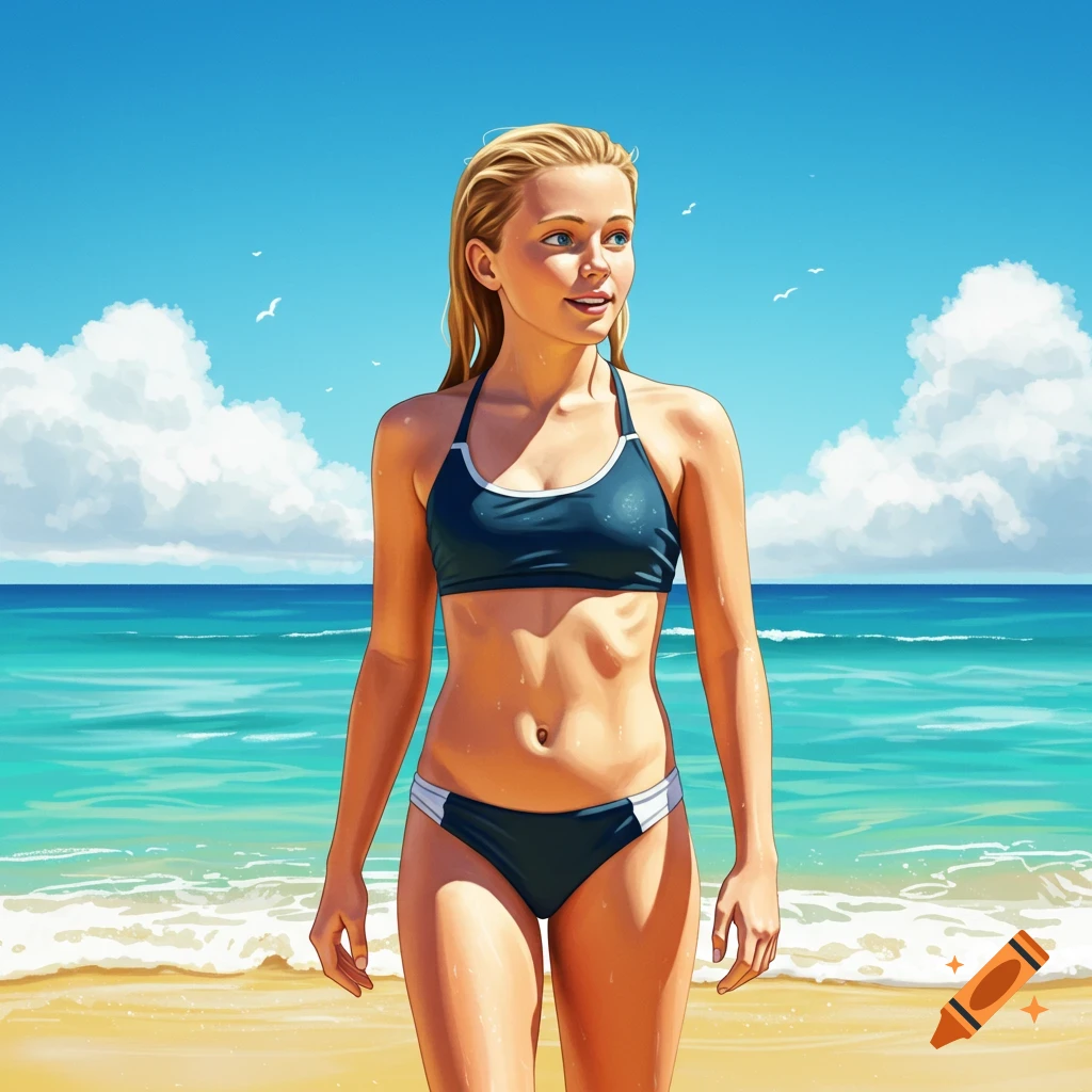 An illustrated young woman in a blue bikini stands on a sandy beach, looking towards the bright blue ocean under a sunny sky.