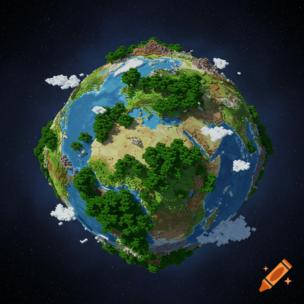 Voxel art rendering of Earth from space, resembling a Minecraft world with blocky trees, land, and water.