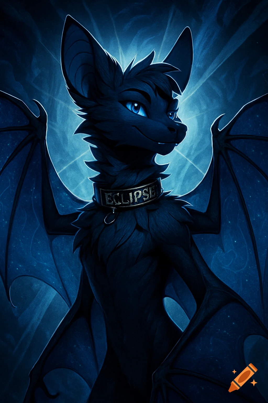 A dark blue anthropomorphic bat with bright blue eyes and a collar saying 'ECLIPSE' stands against a glowing blue background.