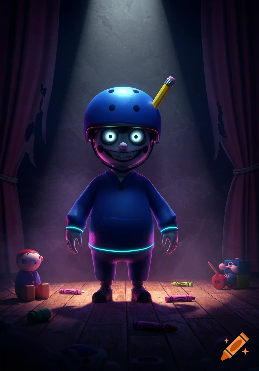 A creepy, clown-like character with glowing eyes, wearing a blue helmet with a pencil and a blue hoodie, stands on a dark wooden stage with scattered toys.