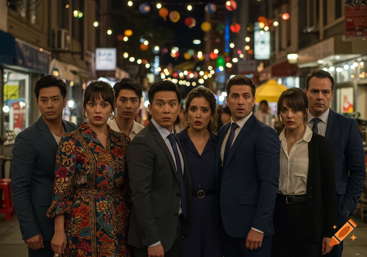 A group of diverse people with wide-eyed, surprised expressions stand close together on a bustling, lit-up urban street at night.