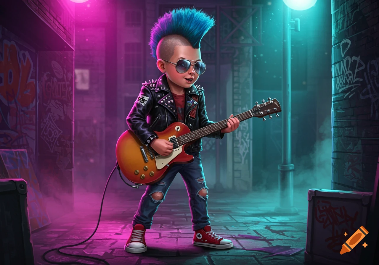 A cartoon young boy punk rocker with a blue mohawk and sunglasses plays an electric guitar in a neon-lit alley.