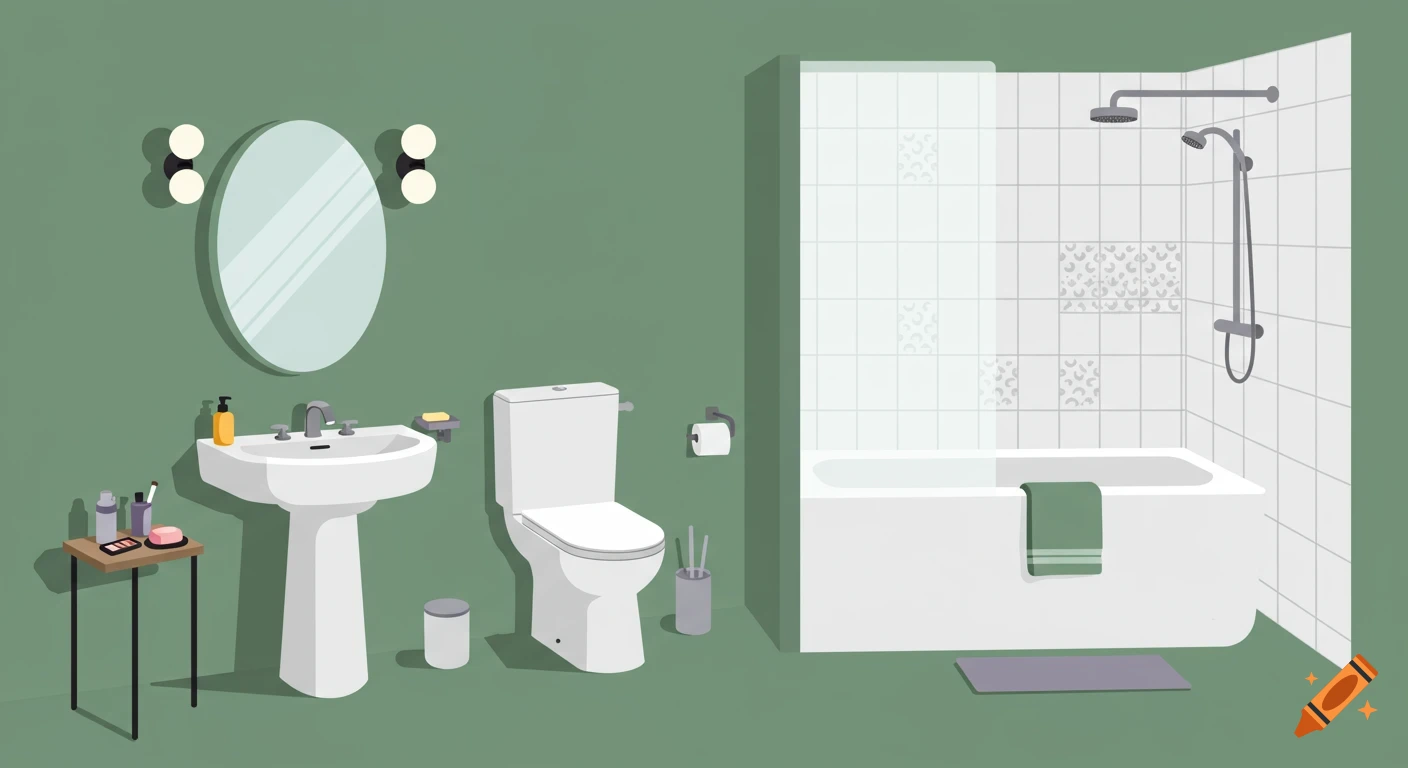 Cartoon illustration of a green bathroom with a white pedestal sink, toilet, oval mirror, and a shower-bathtub combo.