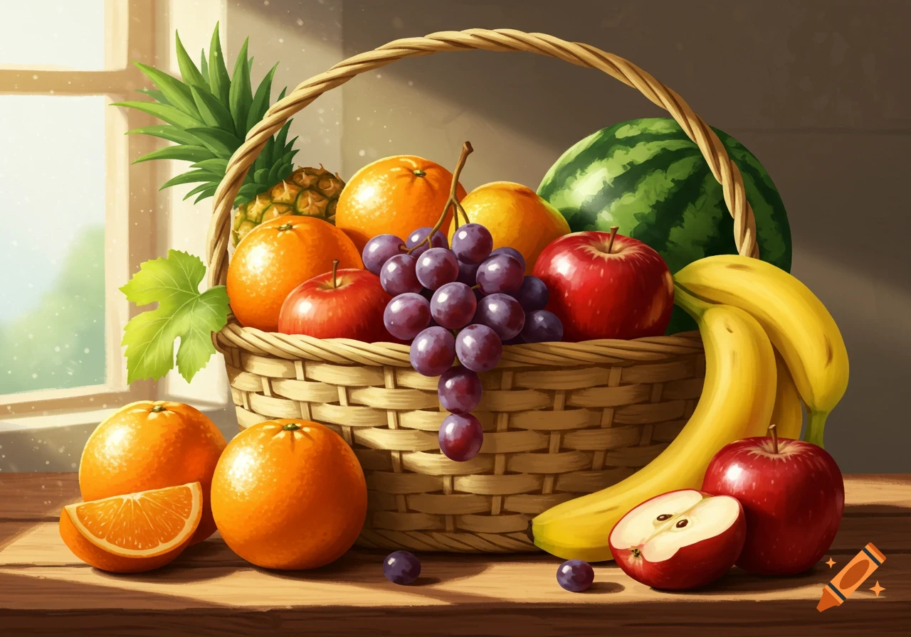 Vibrant, illustrative still life of a fruit basket brimming with oranges, apples, grapes, bananas, and pineapple on a wooden table.