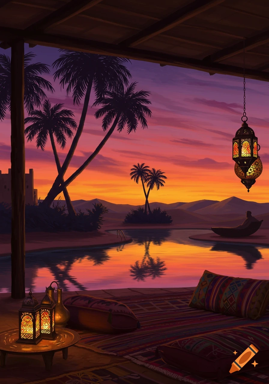 Vibrant fantasy art illustration of a sunset over a desert oasis with palm trees, a pool, and illuminated lanterns.