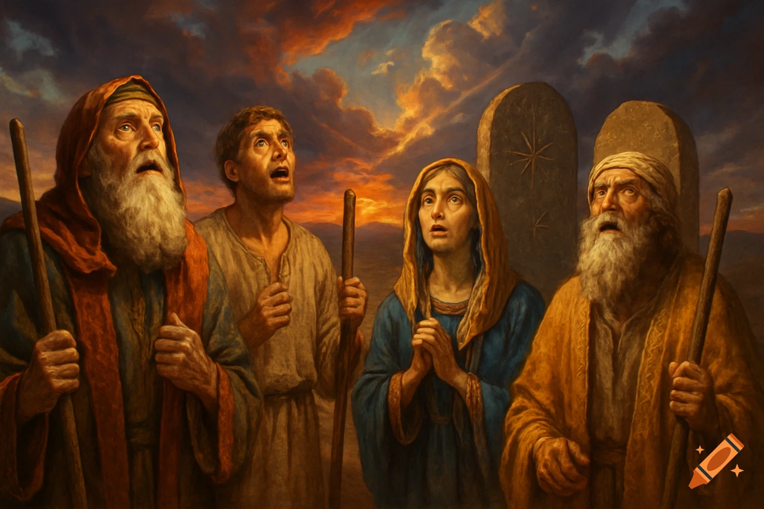 Four figures in ancient robes, two men with staffs and a woman, gaze upwards at a dramatic, stormy sunset sky with stone tablets in a painterly style.