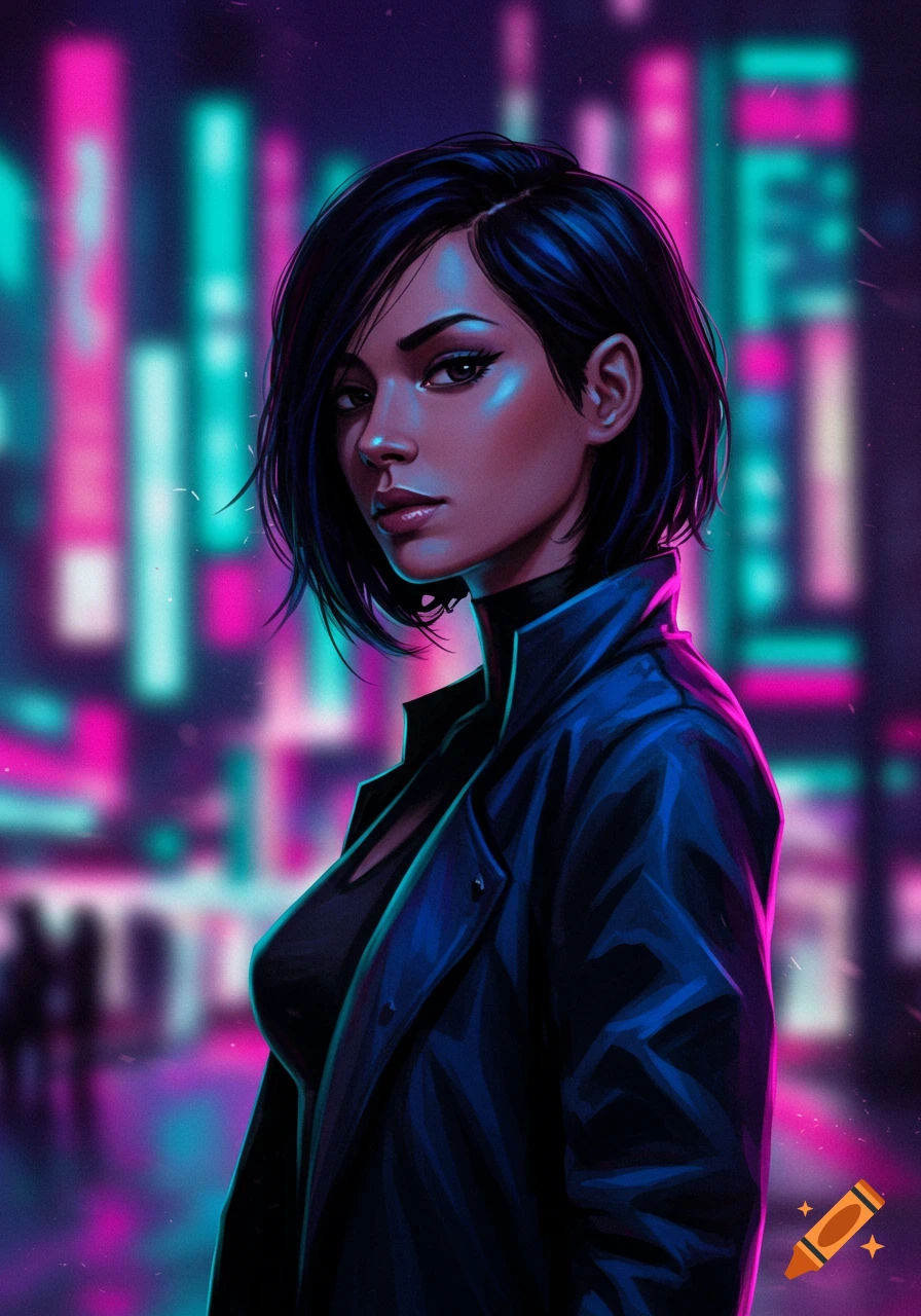 A digitally painted portrait of a woman with short dark hair in a dark jacket, illuminated by vibrant pink and blue neon city lights.