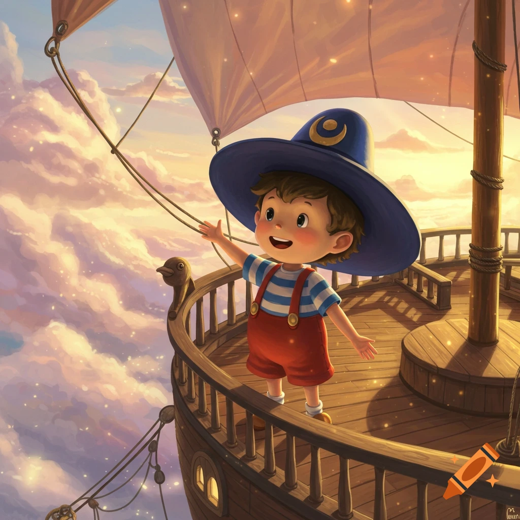 Illustration of a cheerful boy in a large blue hat and red overalls on a flying ship amidst golden, sparkling clouds.