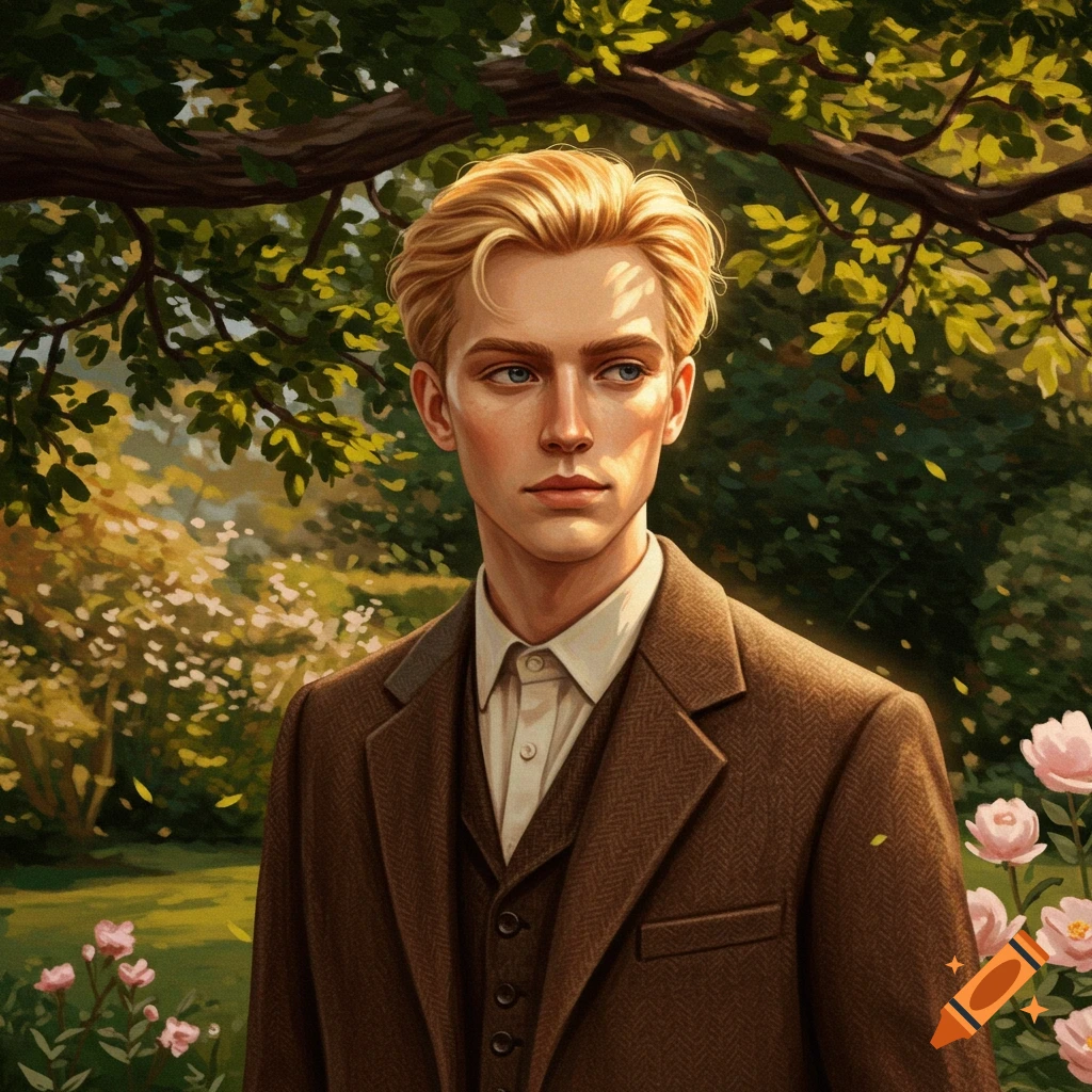 A painted portrait of a young man with blonde hair and blue eyes, dressed in a brown suit, standing in a sunny garden.