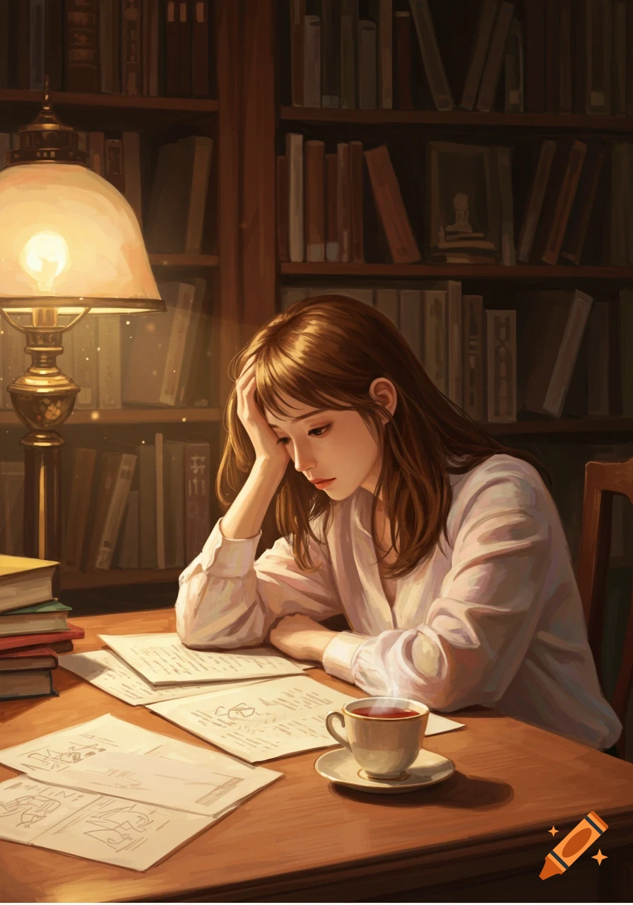An anime-style illustration of a girl with long brown hair, sitting at a wooden desk, head in hands, under a warm lamp light, surrounded by papers and books in a library setting.